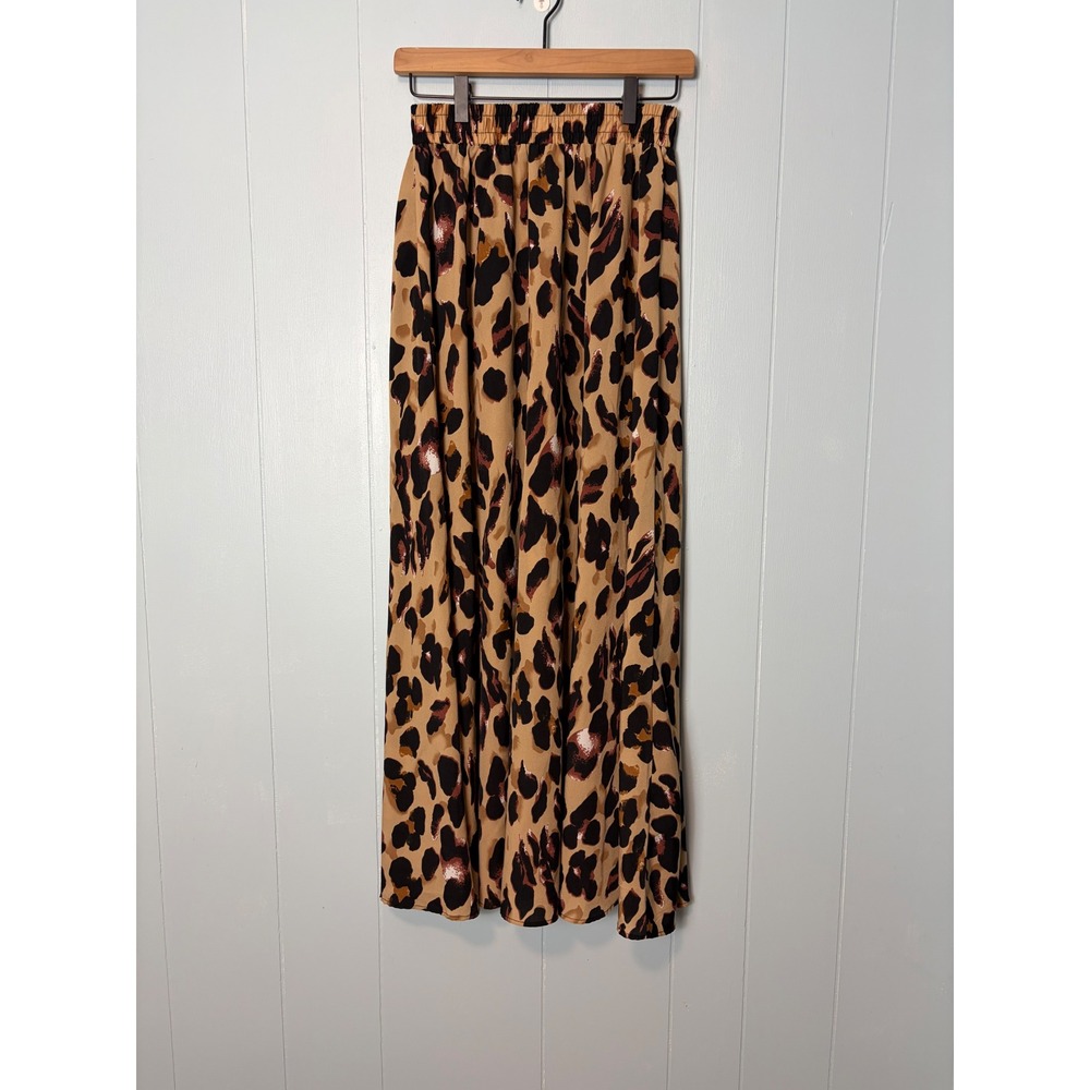 BLUETIME Women Leopard Print Maxi Skirt Elastic Waist Animal Print Tan Brown S